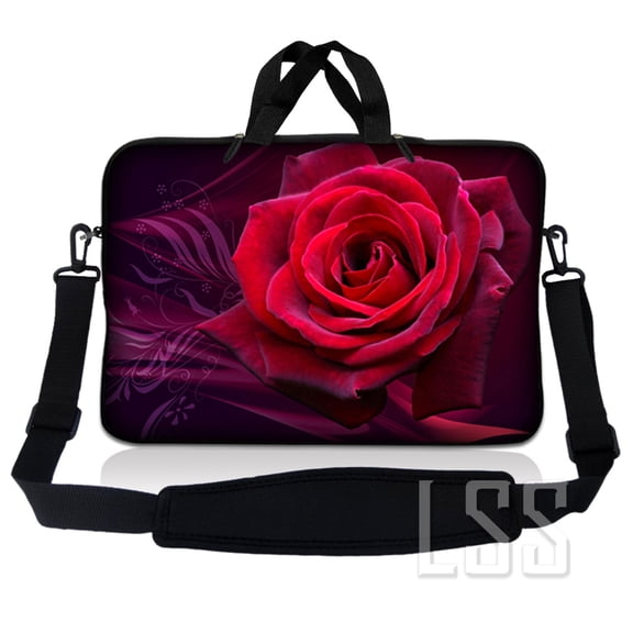 LSS 12-13.3 inch Neoprene Laptop Sleeve Bag Carrying Case with Handle and Adjustable Shoulder Strap - Pink Rose Floral Flower