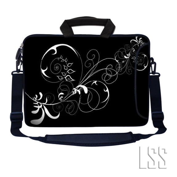 LSS 13.3 inch Laptop Sleeve Bag Notebook with Extra Side Pocket, Soft Carrying Handle & Removable Shoulder Strap for 12" 12.1" 13" 13.3" - Vines Black and White Swirl Floral