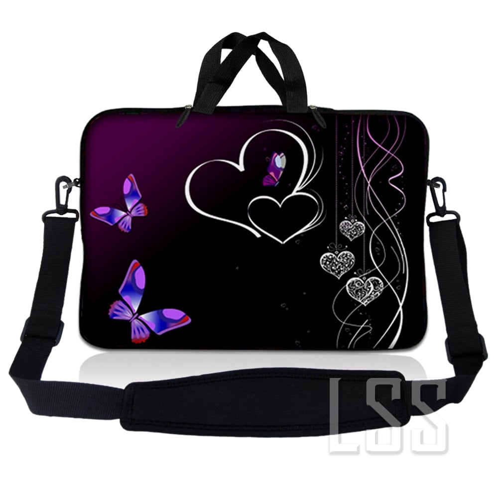 LSS 14-14.9 inch Neoprene Laptop Sleeve Bag Carrying Case with Handle and Adjustable Shoulder Strap - Butterfly Heart Floral