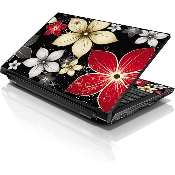 LSS 15 15.6 Inches Laptop Notebook Skin Sticker with 2 Wrist Pads - Reusable Cover Protector Vinyl Sticker Cover Decal Fits 13" - 16" - Black Grey Flower Leaves Pattern