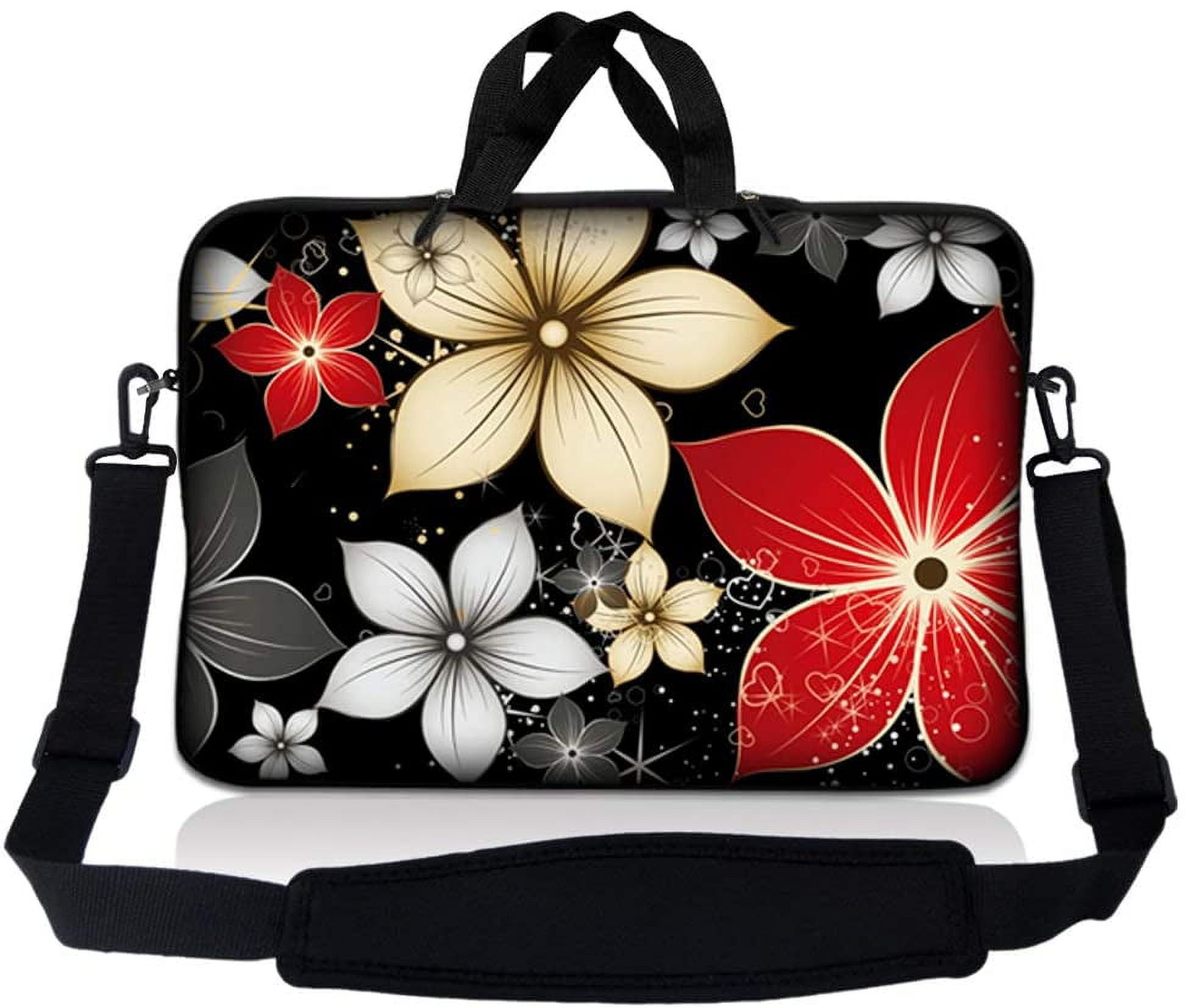 LSS 15.6 inch Laptop Sleeve Bag Compatible with Acer, Dell, HP, Sony, MacBook, Carrying Case w/ Handle & Adjustable Strap, Black Gray Red Flower Leaves