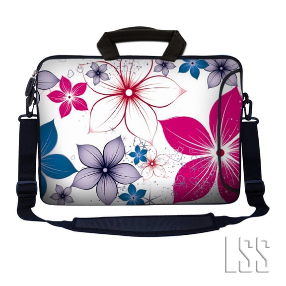 LSS 15.6 inch Laptop Sleeve Bag Notebook with Extra Side Pocket, Soft Carrying Handle & Removable Shoulder Strap for 14" 15" 15.4" 15.6" - White Pink Blue Flower Leaves