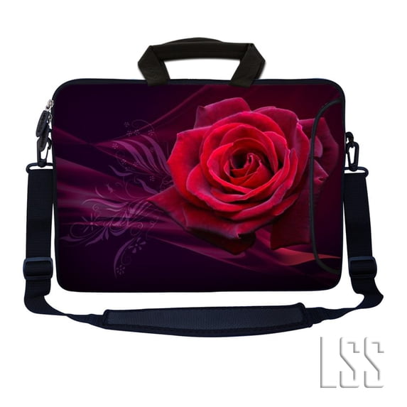 LSS 15.6 inch Laptop Sleeve Bag Notebook with Side Pocket, Soft Carrying Handle & Removable Strap for 14" 15" 15.4" 15.6" - Pink Rose Floral Flower