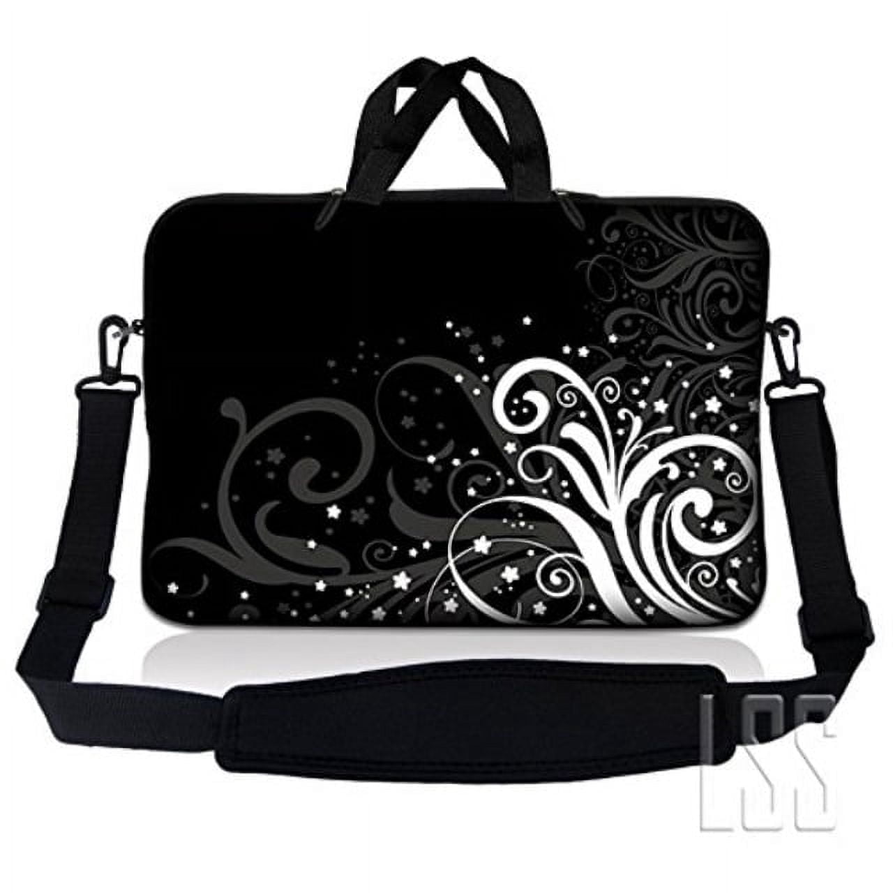 LSS 17 inch Laptop Sleeve Bag Carrying Case with Handle and Adjustable Strap - Black & White Flower