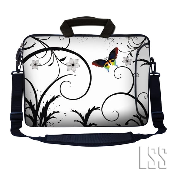 LSS 17 inch Laptop Sleeve Bag Notebook with Extra Side Pocket, Soft Handle & Removable Shoulder Strap for 16" 17" 17.3" 17.4" - White Butterfly Escape Floral