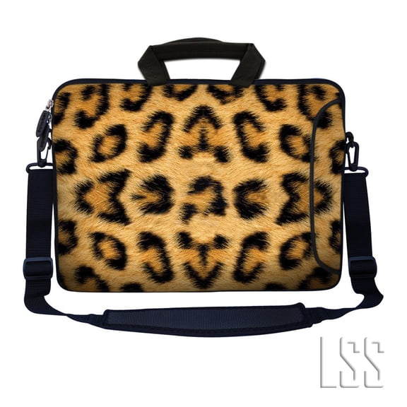 LSS 17 inch Laptop Sleeve Bag Notebook with Side Pocket, Soft Carrying Handle & Removable Strap for 16" 17" 17.3" 17.4" - Leopard Print