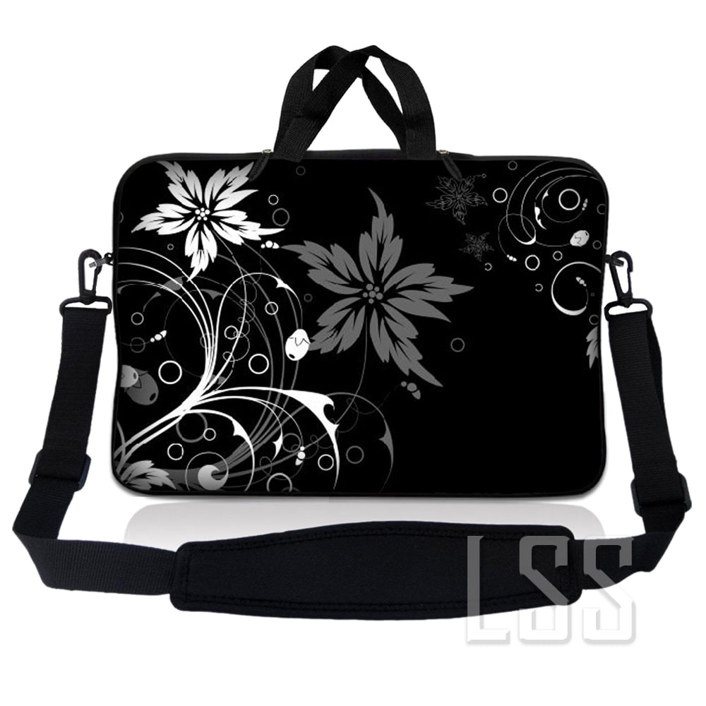 LSS 8-10.2 inch Laptop Sleeve Bag Compatible with Acer, Dell, HP, Sony, MacBook, Carrying Case w/ Handle & Adjustable Strap - Black and White Floral Design