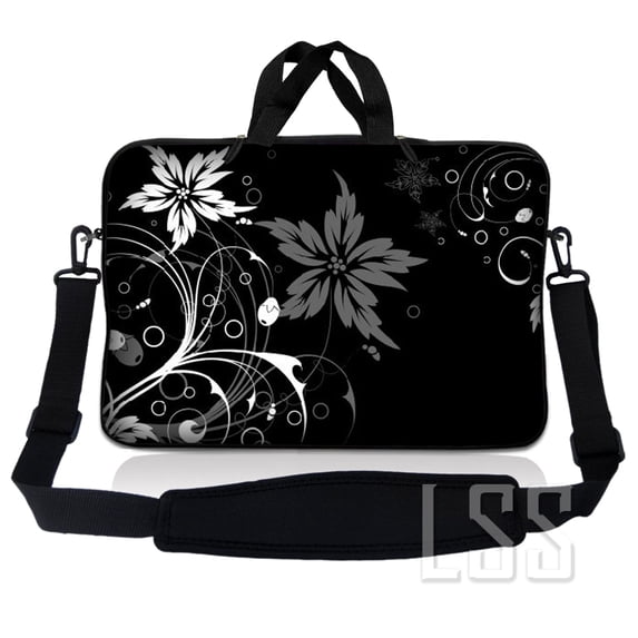 LSS 8-10.2 inch Laptop Sleeve Bag Compatible with Acer, Dell, HP, Sony, MacBook, Carrying Case w/ Handle & Adjustable Strap - Black and White Floral Design