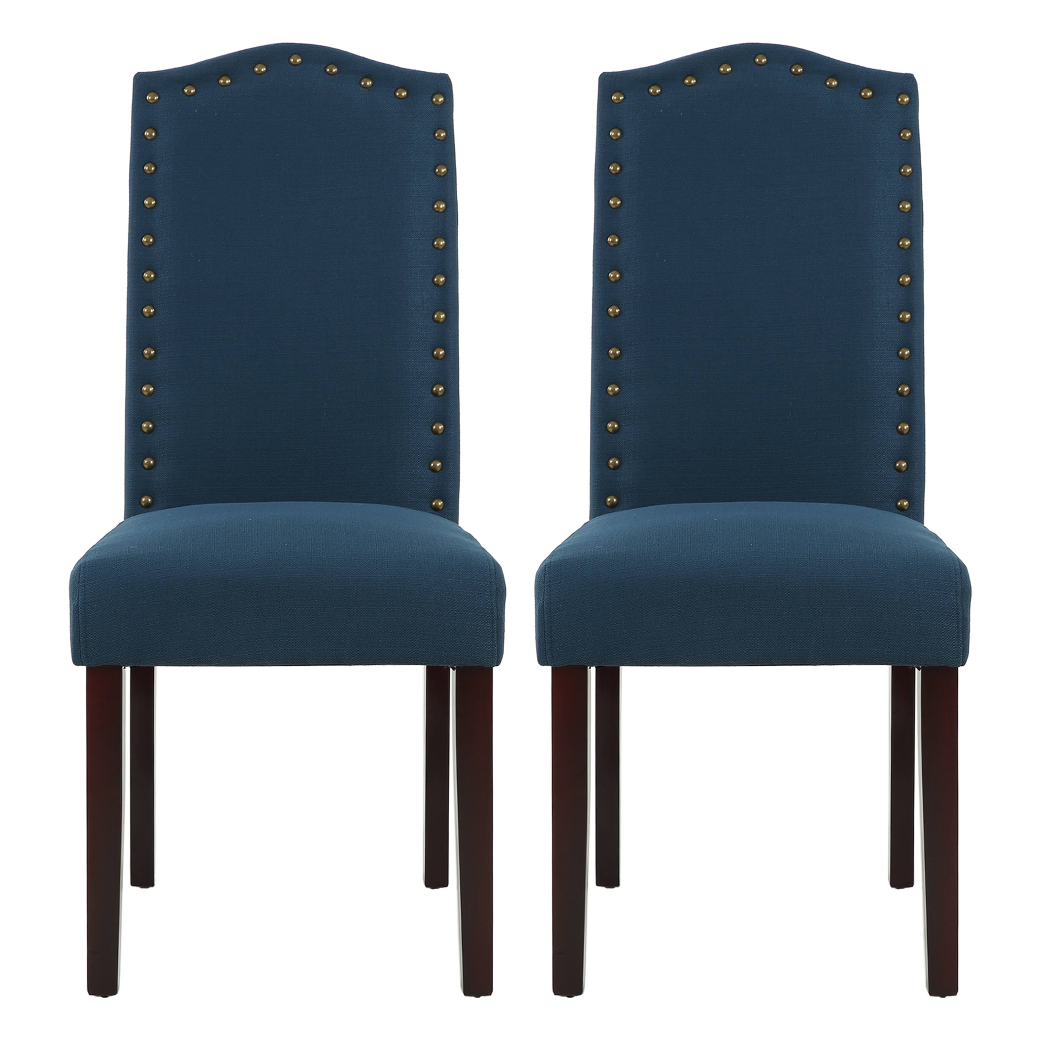 Blue Linen Upholstered Parsons Side Chair with Nailhead Trim, Set of 2