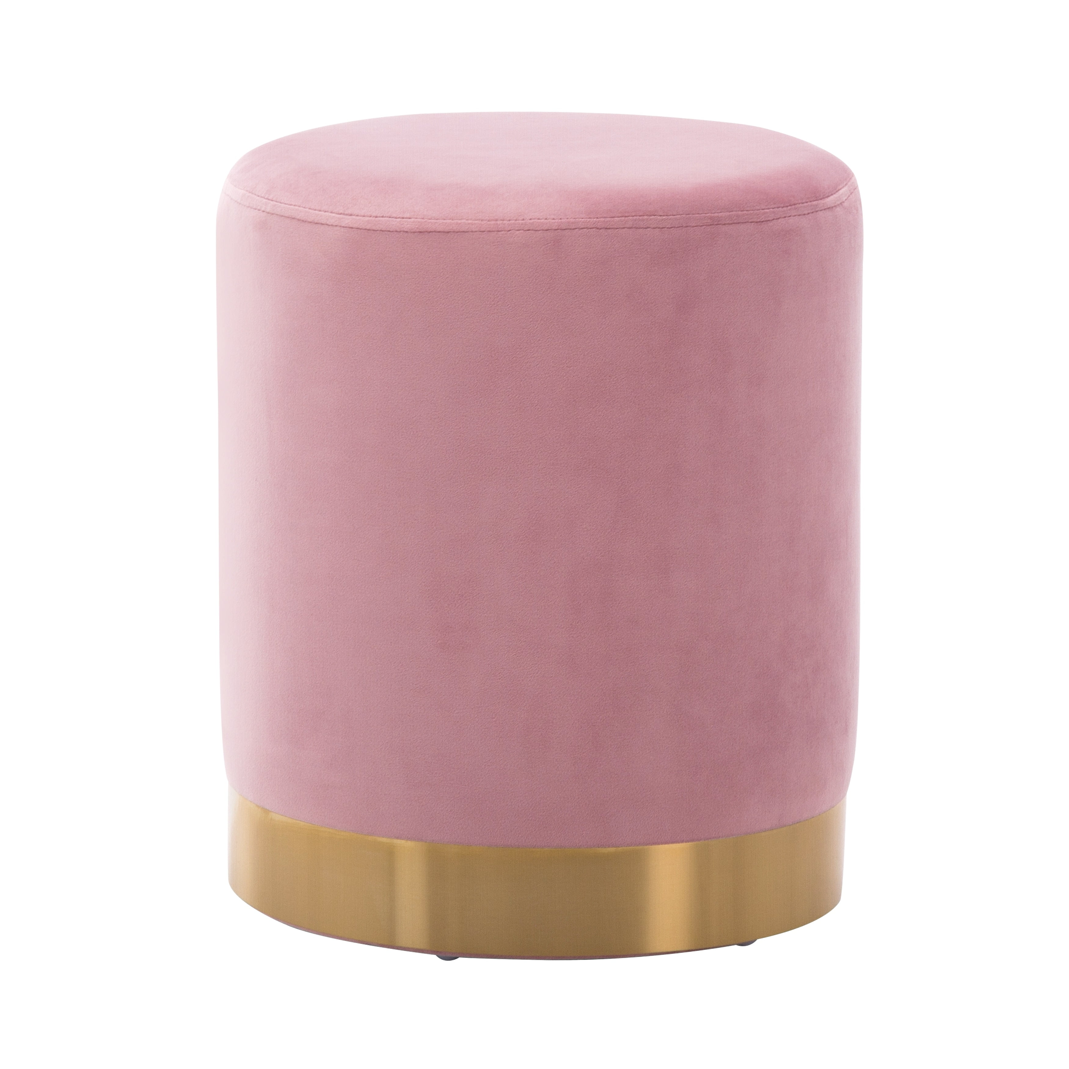 Pink Velvet Upholstered Round Ottoman with Gold Base