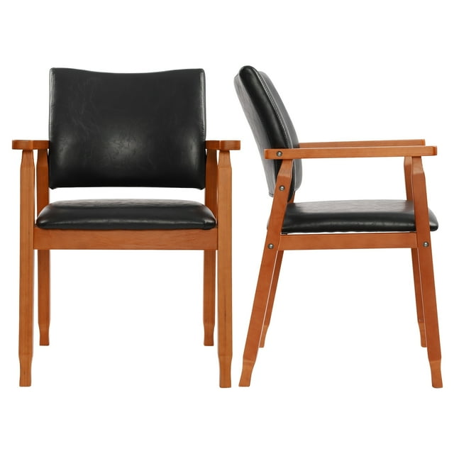 LSSBOUGHT Walnut Upholstered Dining Chairs Solid Wood Arm Chair Set of 2 - Black Faux Leather-2-Piece