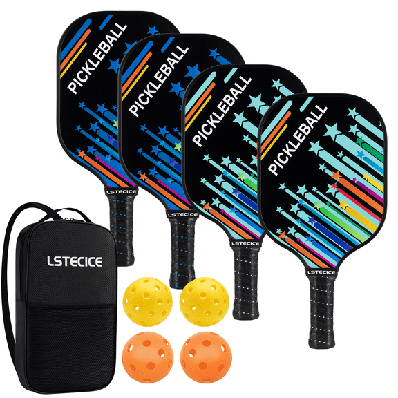 LSTECICE Fiberglass Pickleball Paddle Set - 4 Paddles, 4 Balls & Black Carry Bag - Indoor/Outdoor