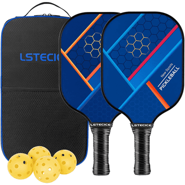 LSTECICE Paddle Set of 2 Pickleball Paddles, Blue, Fiberglass Composite 7.9Oz, 4 Balls, 1 Bag