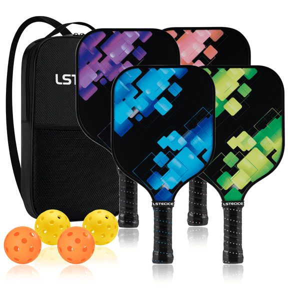 LSTECICE Pickleball Paddles Set of 4 - Lightweight Fiberglass, Wide Sweet Spot - Includes Balls & Bag for All Skill Levels