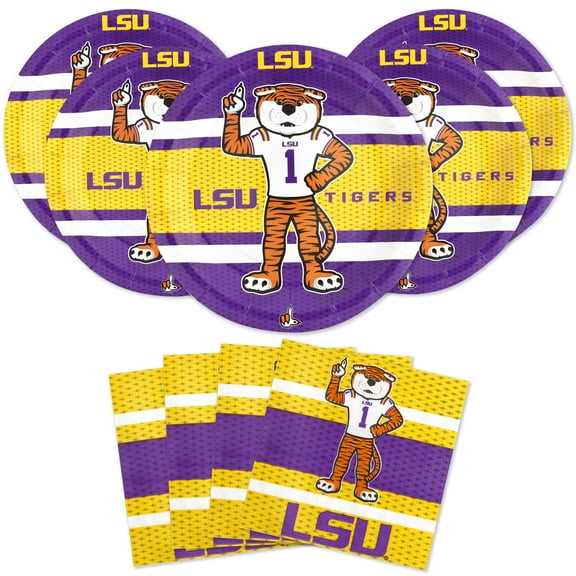 LSU Party for 24! Includes 24 Larger Paper Plates & 32 Luncheon Napkins. Party with Mike the Tiger at your next Football tailgate, Basketball party, Birthday, or any LSU Event. by Havercamp.