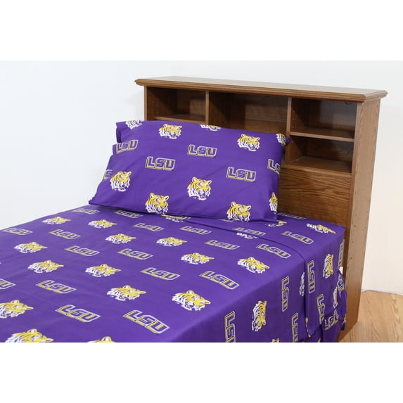 LSU Tigers 100% cotton, 3 piece sheet set - flat sheet, fitted sheet, 1 pillow case, Twin, Team Colors