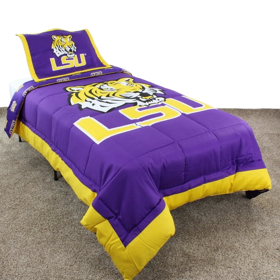 LSU Tigers 3 Pc Reversible Cotton Comforter Set, 1 Comforter, 2 Shams, King