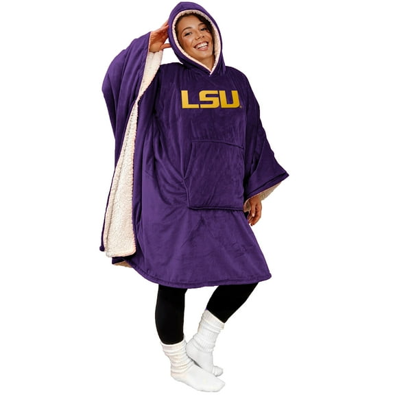 LSU Tigers 60" x 80" Logo Patch Team Color Bloncho with Sherpa