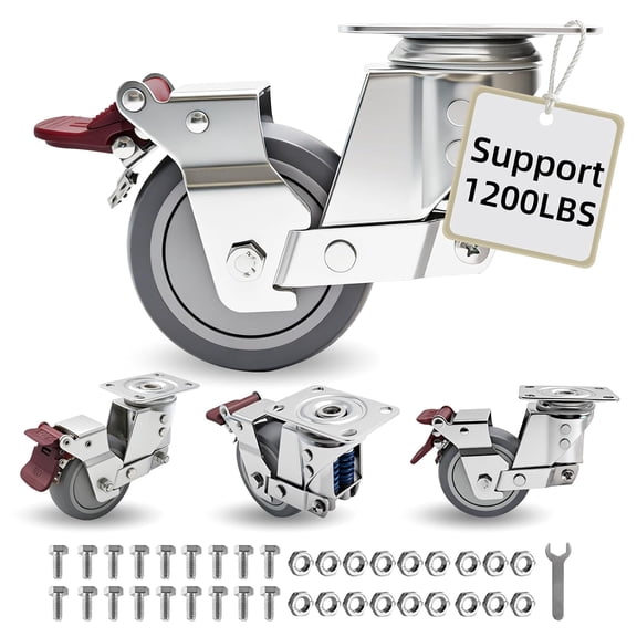 LSWhee 4 Inch Heavy Duty Caster Wheels with Brakes, Set of 4, 1200 lb Capacity, Double Spring Shock Absorbing 360 Swivel Plate Casters, Quiet TPR Wheels for Workbench, Cart & Trolley
