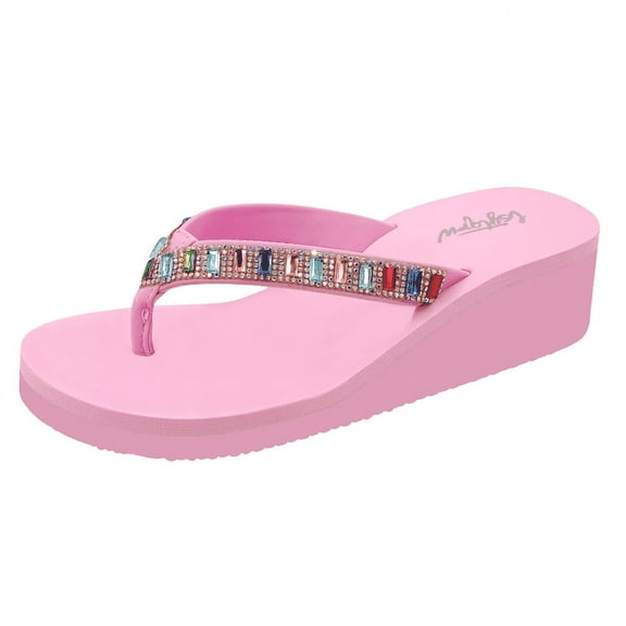 LSYTQRW Flip Flops Sandals for Women Bling Rhinestones Jewel High Heel Arch Support Comfortable Soft Cushion Wedge Slip-on Casual Platform Summer Thong Sandals，Pure Pink，Sizes 10