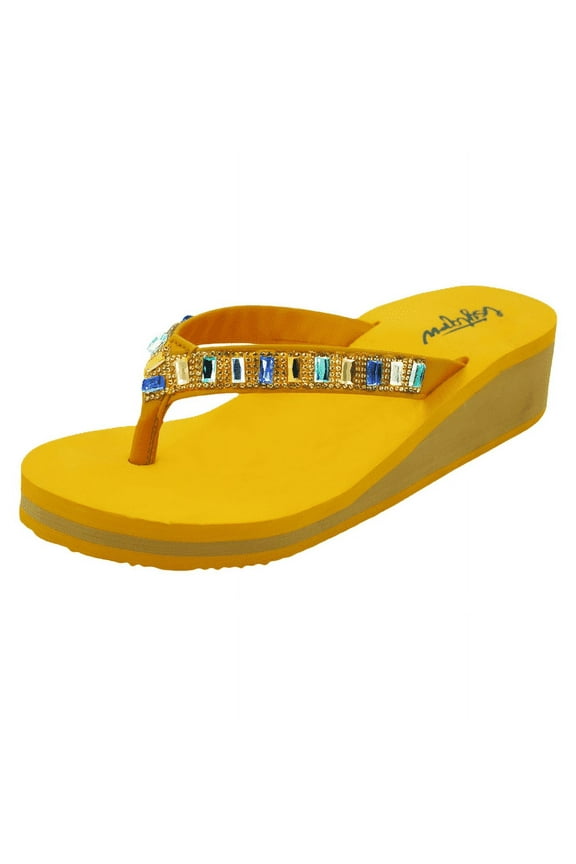 Flip Flops Sandals for Women Bling Rhinestones Jewel High Heel Arch Support Comfortable Soft Cushion Wedge Slip-on Casual Platform Summer Thong Sandals，Orange，Sizes 7