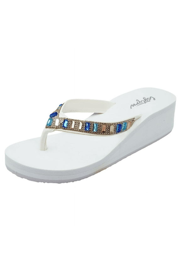 Flip Flops Sandals for Women Bling Rhinestones Jewel High Heel Arch Support Comfortable Soft Cushion Wedge Slip-on Casual Platform Summer Thong Sandals,Pure White,Sizes 9