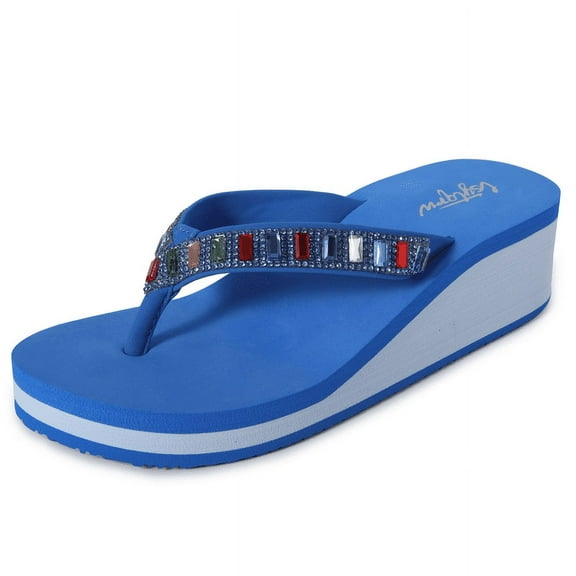 LSYTQRW Flip Flops Sandals for Women Bling Rhinestones Jewel High Heel Arch Support Comfortable Soft Cushion Wedge Slip-on Casual Platform Summer Thong Sandals,Blue,Sizes 11