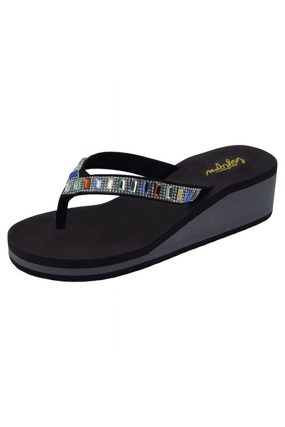 Flip Flops Sandals for Women Bling Rhinestones Jewel High Heel Arch Support Comfortable Soft Cushion Wedge Slip-on Casual Platform Summer Thong Sandals，Black，Sizes 8