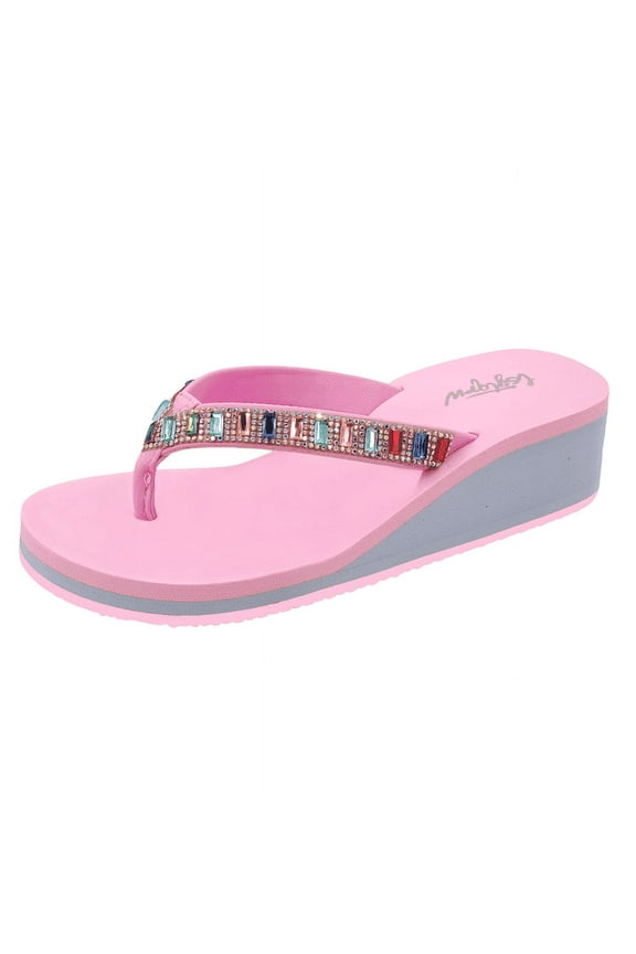 Flip Flops Sandals for Women Bling Rhinestones Jewel High Heel Arch Support Comfortable Soft Cushion Wedge Slip-on Casual Platform Summer Thong Sandals,pink,Sizes 10
