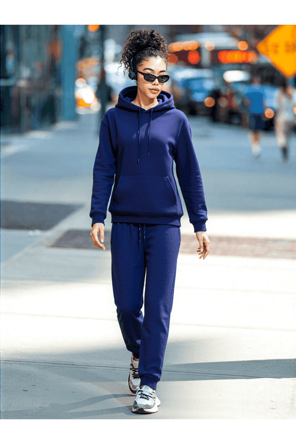 Women's Soft Hoodie 2 Piece Loungewear/Running Outfit High Waist Pants & Drawstring Hood for Daily Wear Navy S