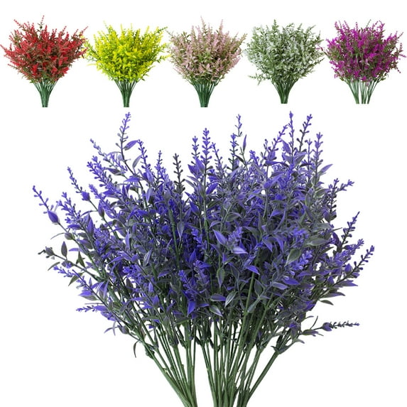 LShunze 12 Bundles Artificial Lavender 7 Fork Fake Flowers Outdoor UV Resistant Plants Plastic Shrubs Hanging Flowerpot Indoor Outside Windows Decorations