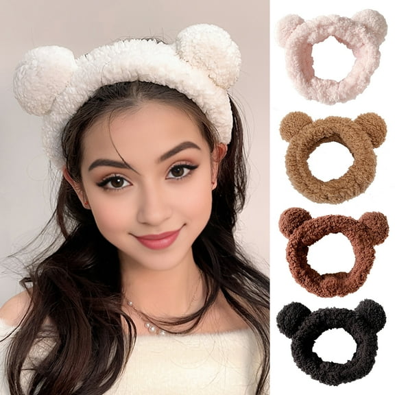 LShunze 2PCS Bear Ears Spa Headband No Slip Head Band for Face Wash Makeup Skincare Facial Headband Elastic Hair Band Carol Fleece Headbands for Women Girls