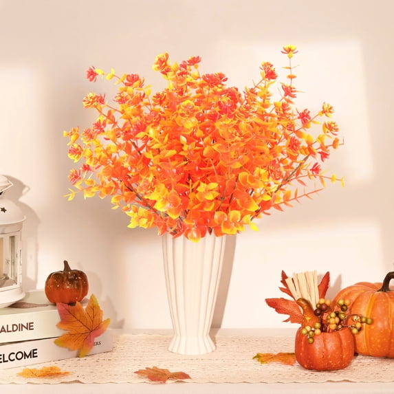 LShunze 5 Bundles Fall Artificial Flowers, Outdoor Fake Eucalyptus Fern Plants for Autumn Decoration, UV Resistant Plastic Faux Flowers for Garden Window Porch Balcony Thanksgiving Decor