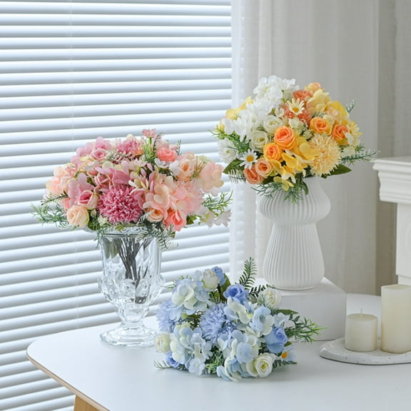 LShunze Artificial Flowers, Silk Faux Flowers Yellow Roses Tulips Daisy Chrysanthemums Bouquets, Faux Flowers Arrangement for Home Living Room Party Wedding Offices Bookshelf Decorations