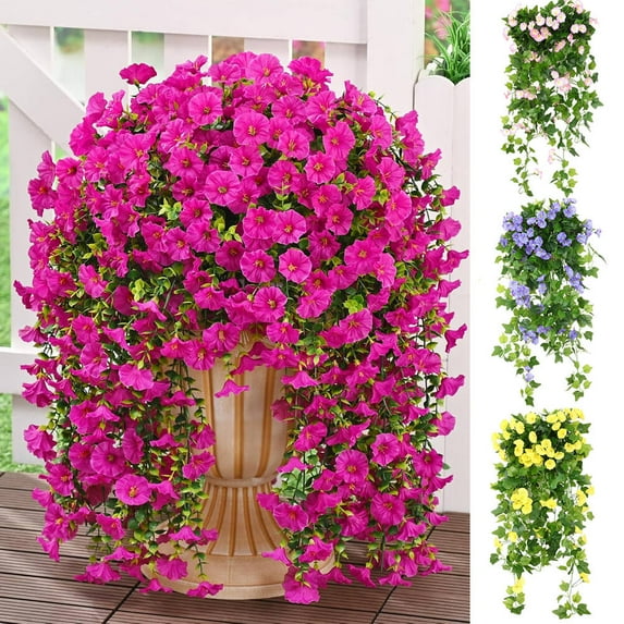 LShunze Artificial Hanging Flowers Fake Morning Glory for Outdoor Spring Summer Decoration, 44 Heads Realistic Fake Silk Petunia Flower UV Resistant for Outside Home Porch Patio