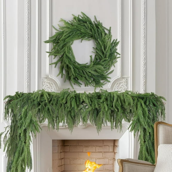 LShunze Artificial Norfolk Pine Garlands, Real Touch Winter Pine Garland, Green Artificial Greenery Garland for Table, Mantle, Wall, Indoor, Outdoor Christmas Decorations,5.9ft