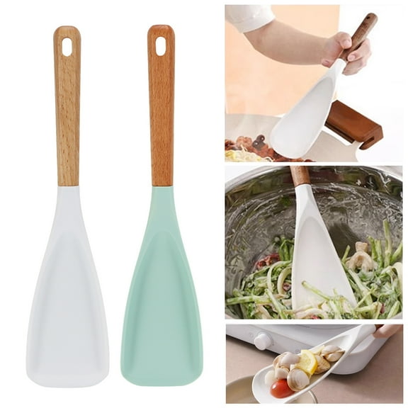 LShunze Cooking Spoon and Rice Scooper for Nonstick Cookwares, Great for Cooking and Serving Sturdy BPA-Free Matte Silicone, Wood Handle Spoon for Mixing, Scoop, and Scrape