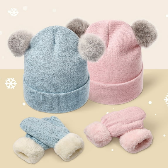 LShunze Kids Winter Hat and Gloves Set, Girl Warm Knit Beanie with Pom Fleece Lined for Toddler Boys Girls 3-6 Years