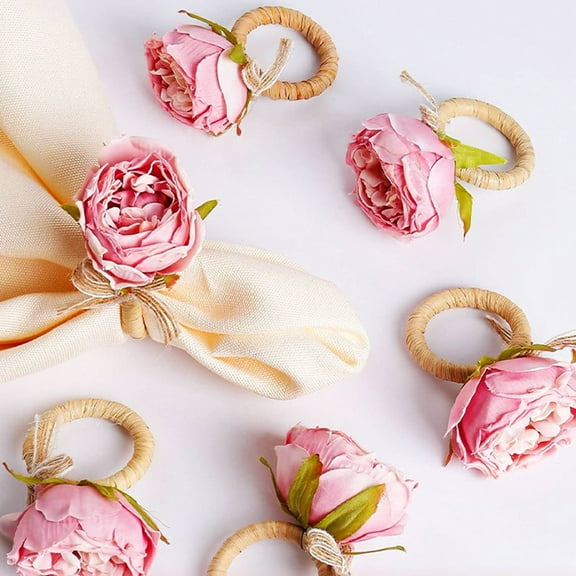LShunze Pink Handcraft Flower Napkin Rings Set of 4,Pink Peony Flower Handmade Napkin Holder Rings Table Decorations for Summer,Wedding,Luncheons,Picnics,Banquet