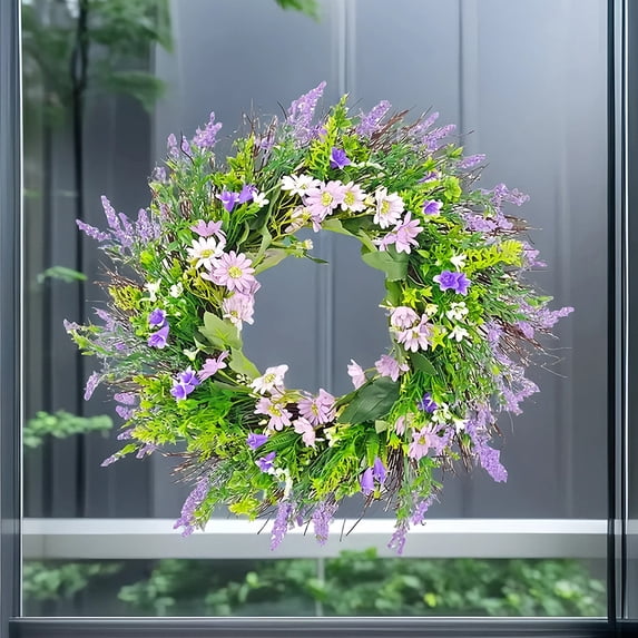 LShunze Spring Wreaths for Front Door, 15.7 Inch Summer Front Door Wreath with Daisy Flowers & Greenery Leaves, Purple Wreath for Indoor & Outside, Porch Patio Wall Decor