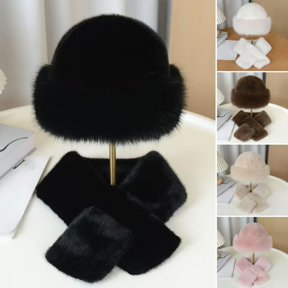 LShunze Winter Bucket Hat Scarf Set for Women, Faux Fur Fisherman Hat Fuzzy Warm Hats with Brim Plush, Thick Neck Warmer Scarf for Women
