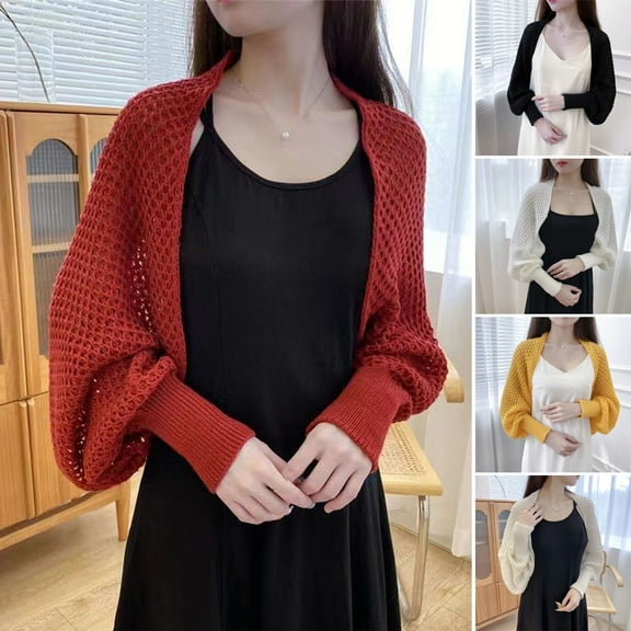 LShunze Women Crochet Lightweight Summer Cardigan Crop Shrug Hollow Out Long Sleeve Knit Top
