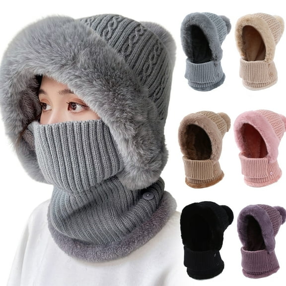 LShunze Women Winter Beanie Hats One Piece Fleece Lined Knit Balaclavas Mask Set Skull Neck Circle Scarf Ski Snow Hat Pompom