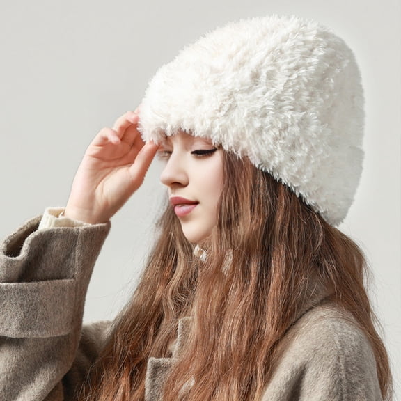 LShunze Women Winter Hat Fuzzy Faux Fur Brimless Solid Color Dome Windproof Warmth Sun Protection Knitted Cap Outdoor Travel Headwear