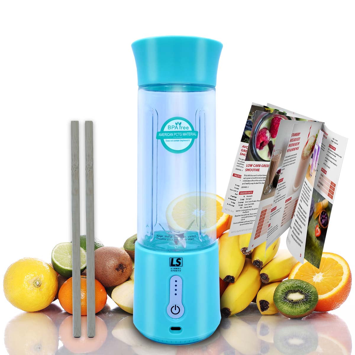 LSports | 500ml USB-C Portable Blender with Biodegradable Straws and 1000+ Smoothie Recipes | Blue