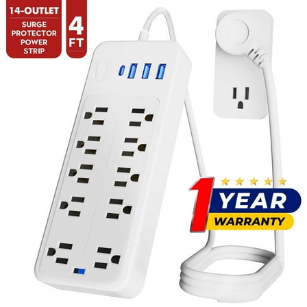 LarmTek 10 Outlets Surge Protector Power Strip with 4 USB Ports (1 USB C), 4ft Extension Cord, White