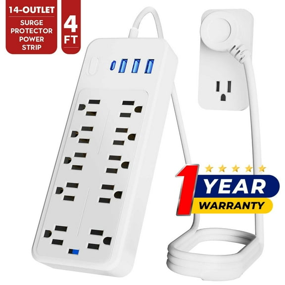 LarmTek 14-Outlet Surge Protector Power Strip with USB Ports - 4 ft Extension Cord, Plug & Computer Safe