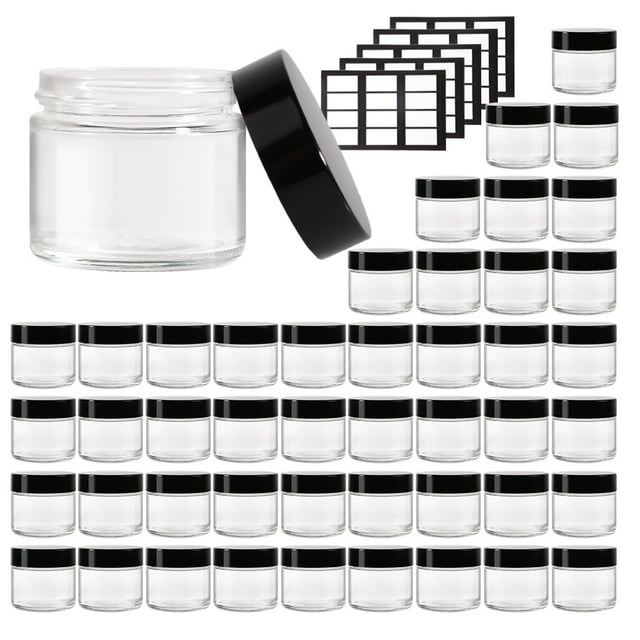 2 oz Glass Jars with Lids,Lotusbtdt 46 pack Amber Small Jar with Black Lids,Empty Round Cosmetic Containers for Sample, Powder, Cream, Lotion, Spice