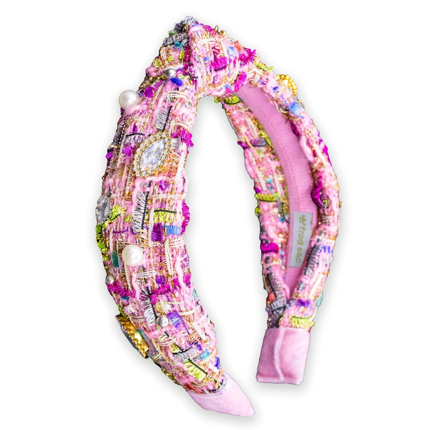 Embellished Pink Tweed Headband Tweed Knot Embellished Headband - Fruity Pebbles – Cheeky Plum main image 4