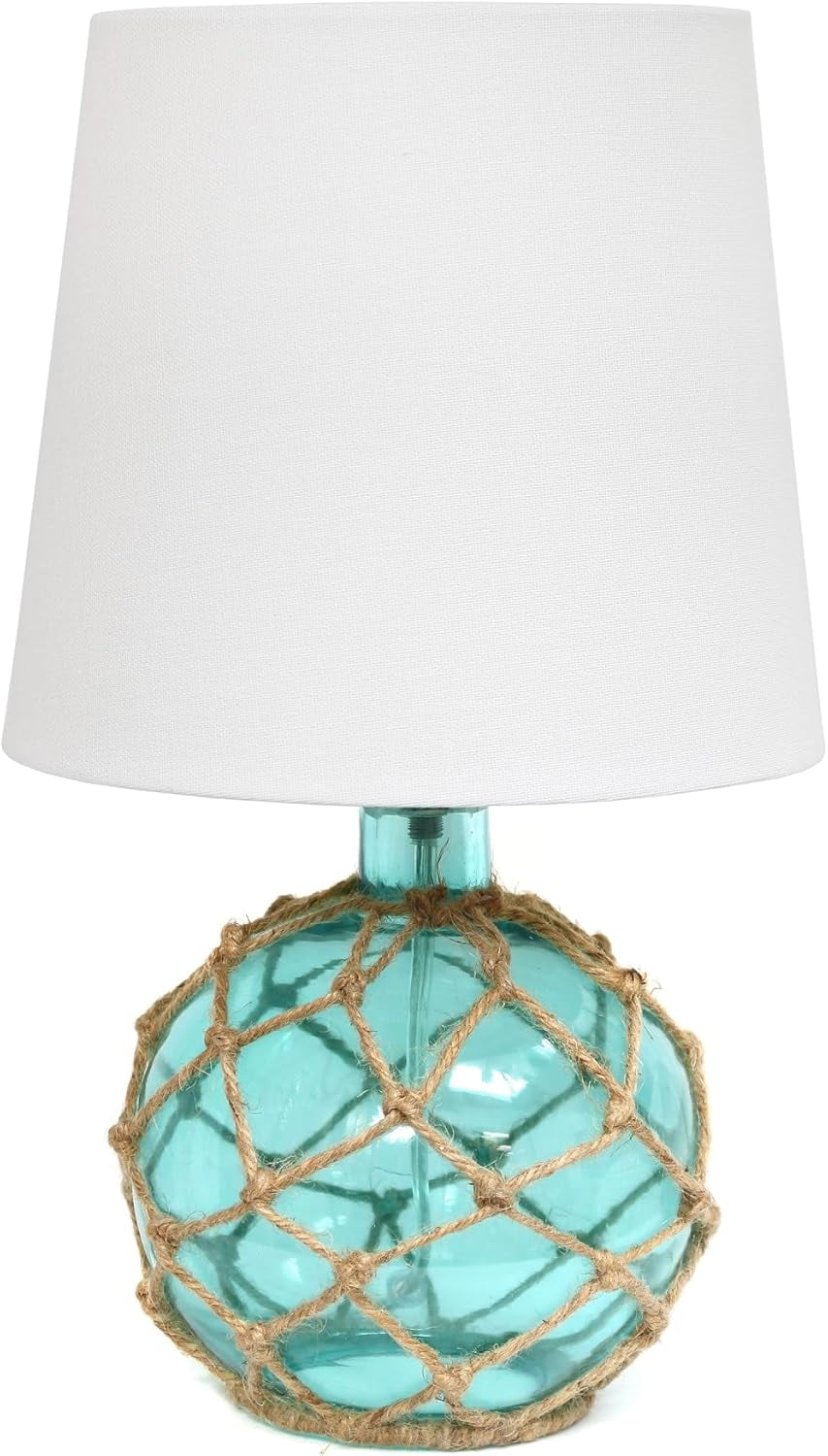 Aqua Glass Table Lamp with White Fabric Shade and Rope Netting